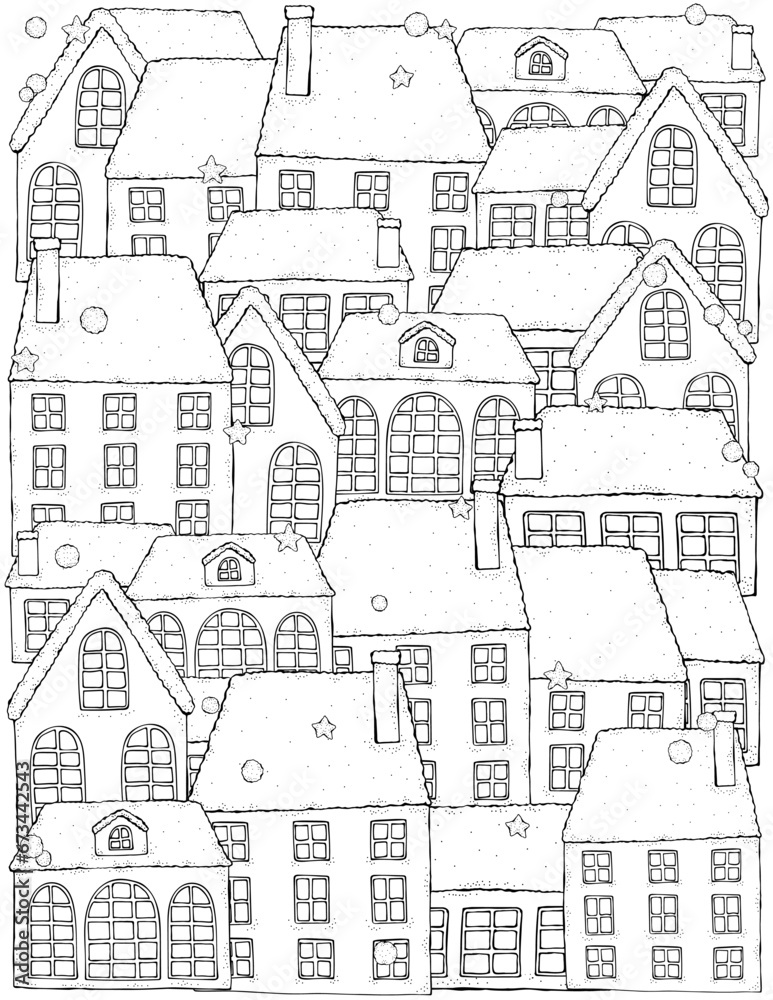 Pattern for coloring book with artistically houses. Street background. Pattern for coloring book. Zentangle. Black and white pattern in vector.