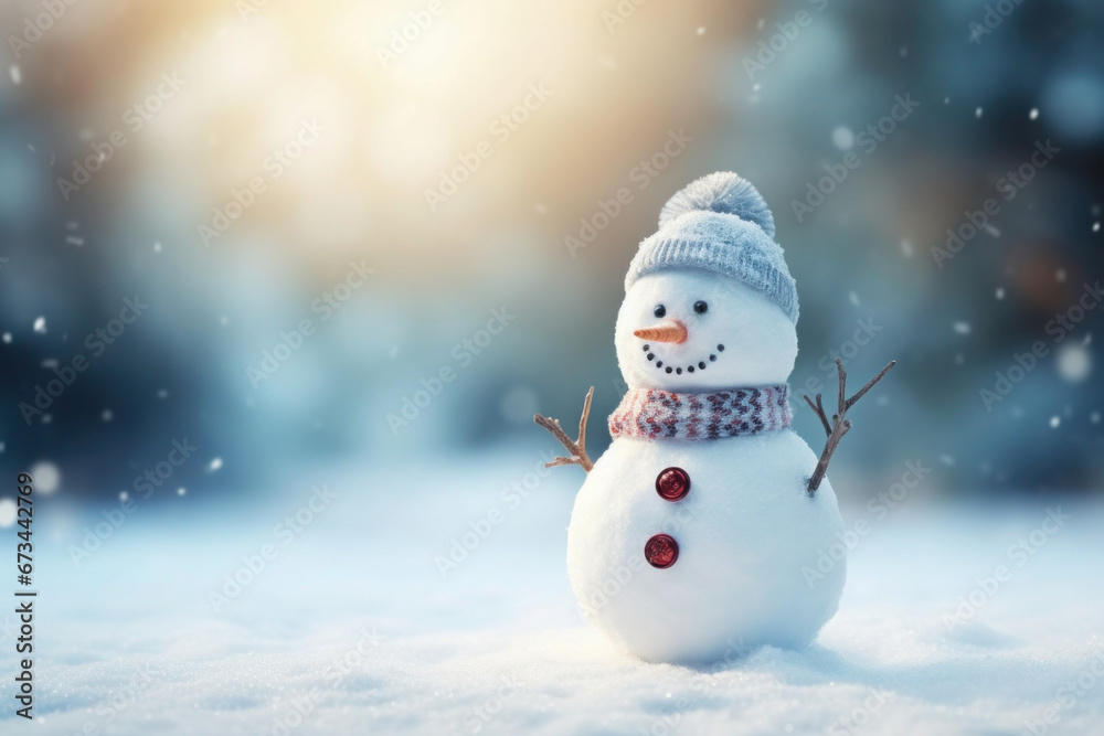 Happy smiling snowman on blurred snowy background with falling snowflakes. Christmas composition with copy space. Winter holidays concept