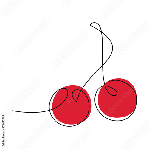 Red cherry berries icon. Hand drawn vector. One line continuous drawing. Fine art minimal illustration, linear silhouette. Graphic design, print, banner, card, sign, symbol, logo.