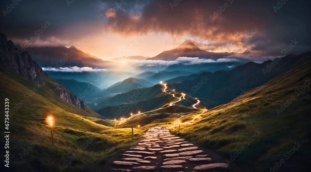 Road made of stones on a green grass meadow creating a path, leading to far mountains and valleys, glowing lamps all along the path, path to success concept - obrazy, fototapety, plakaty 