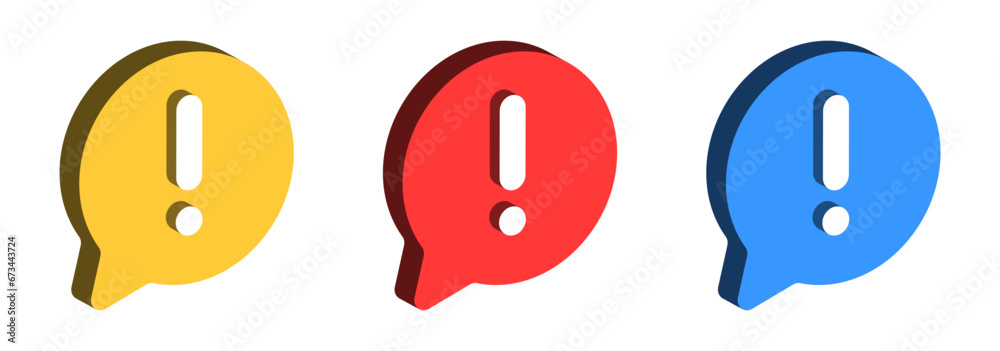 3d information icon button. Exclamation mark icon in modern 3d speech bubble shapes , Red notification icons. attention, alert, reminder, notice, 3d icons set. Vector illustration - obrazy, fototapety, plakaty 