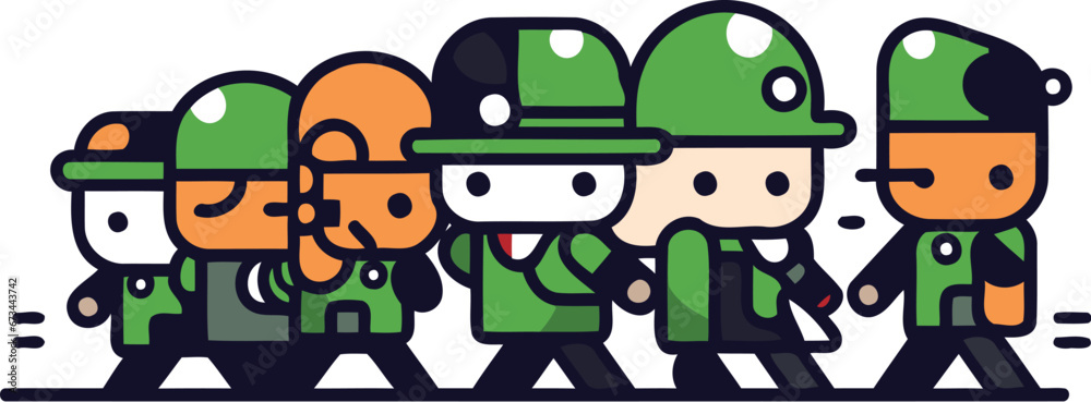 Cartoon soldiers line art vector illustration. Group of soldiers in uniform and helmets. Cartoon soldiers line art vector illustration. Group of soldiers in uniform and helmets.