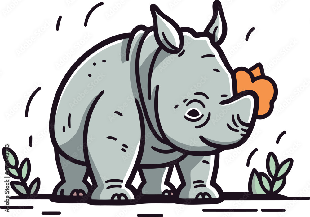 Fototapeta premium Cute cartoon rhinoceros. Vector illustration isolated on white background.
