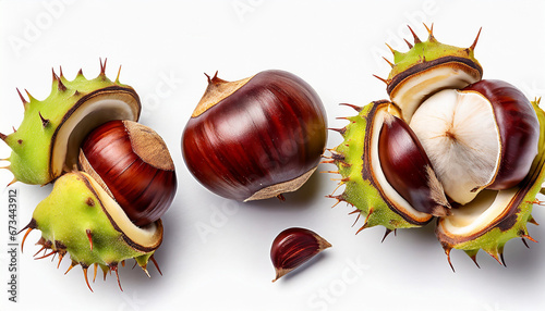 Fresh Horse Chestnut isolated on white background. Autumn creativity layout with Chestnuts Top view. Flat lay photo