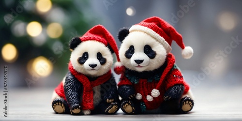 Two Panda bears dressed in Christmas hats and sweaters are hugging on a Christmas background. Holiday Concept. Digital painting illustration. Generative AI photo