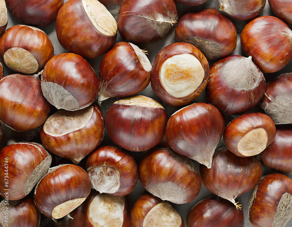 Sweet Chestnuts Top view. Copy space. Pile of ripe chestnuts for food background closeup. Sweet Chestnuts Top view. Copy space. Pile of ripe chestnuts for food background closeup.