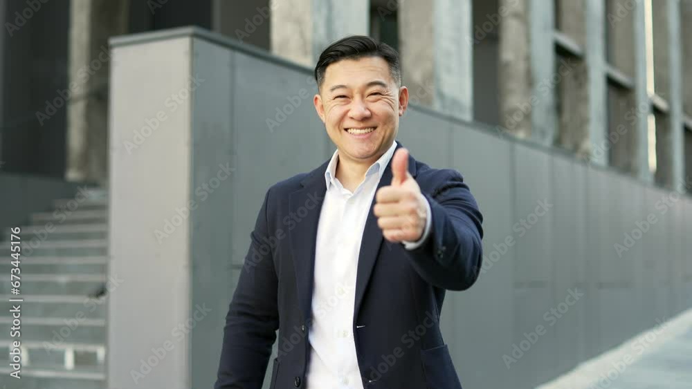 Smiling asian businessman in formal suit showing thumb up looking at camera while standing on street near an office building. Happy positive male shows gesture of like, agreement, success, approval Smiling asian businessman in formal suit showing thumb up looking at camera while standing on street near an office building. Happy positive male shows gesture of like, agreement, success, approval
