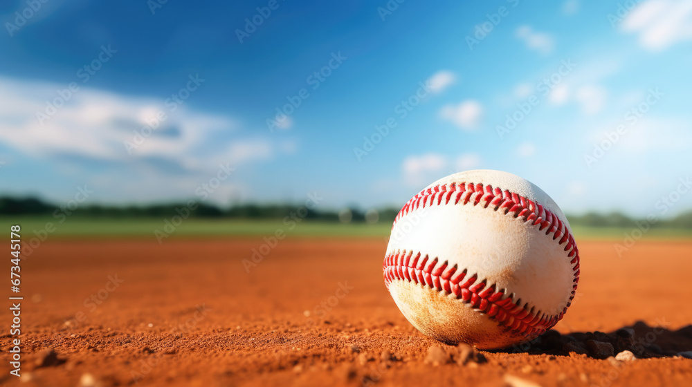 Baseball on dusty pitch with blue sky in background