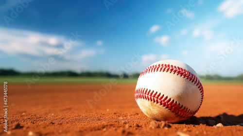 Baseball on dusty pitch with blue sky in background