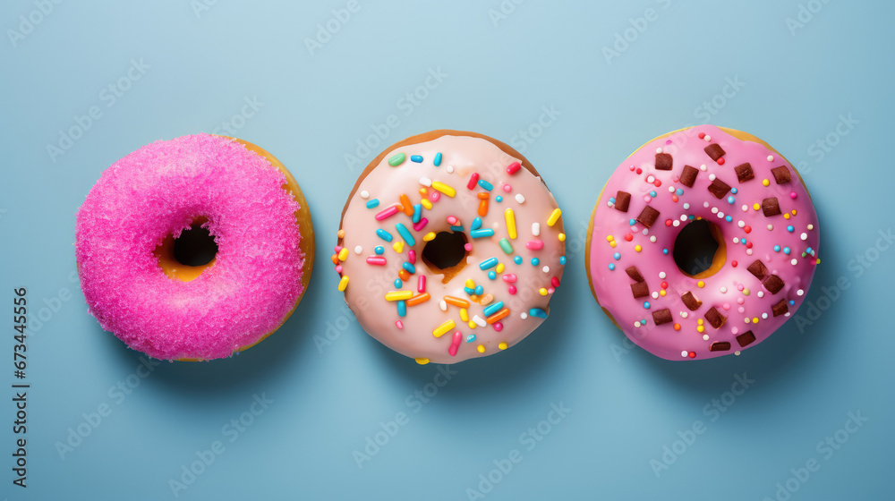 Colorful glazed donuts with sprinkles on blue background