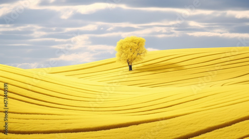 Solitary tree on rolling yellow hills with wavy patterns under cloudy sky