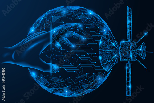 Connection to the satellite network. Polygonal design of interconnected elements. Blue background.