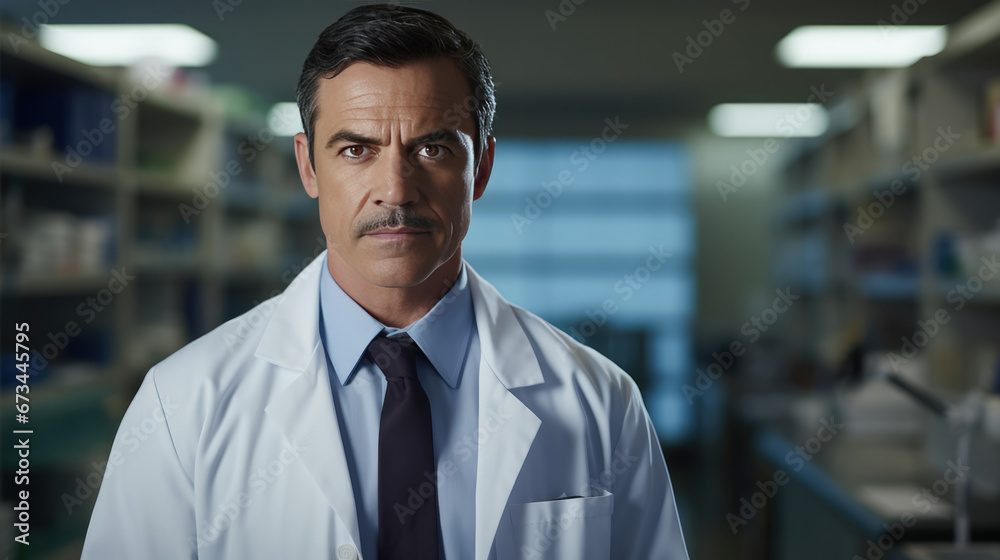 Obraz premium Confident Hispanic doctor with lab coat in clinical setting