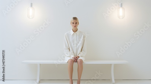 A white white room with a light and a stool photo