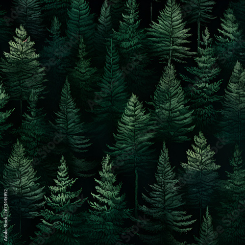 Seamless abstract pattern with dark green pine trees on dark background © TatjanaMeininger