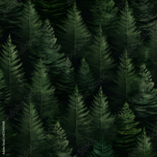 Seamless abstract pattern with dark green pine trees on dark background