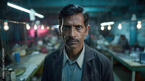 Portrait of a serious Indian man in a market with blurred lights and people in background