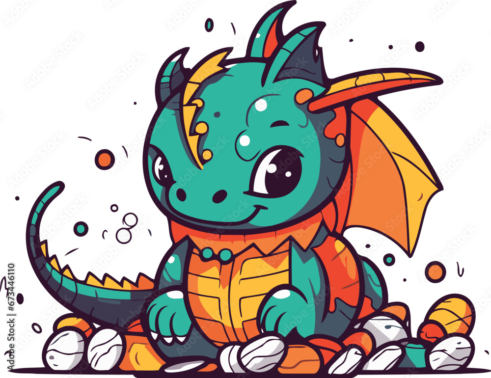 Obraz premium Cute little dragon. Vector illustration. Cartoon character. Isolated on white background.