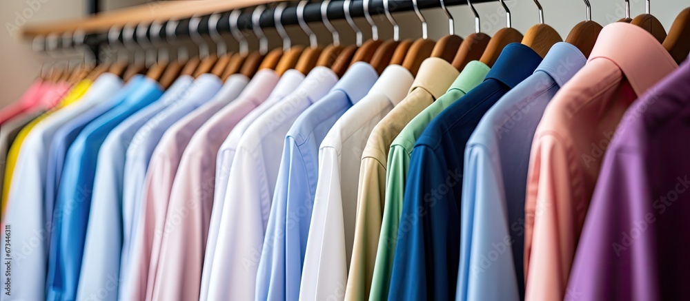 Shirts for men neatly hanging on hangers at a store Shirts for men neatly hanging on hangers at a store