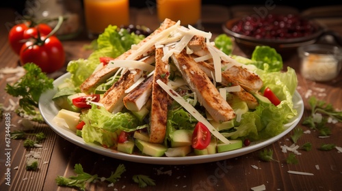 Grilled Chicken Caesar Salad with Gourmet Cheese and Crispy Croutons on a rustic wooden table