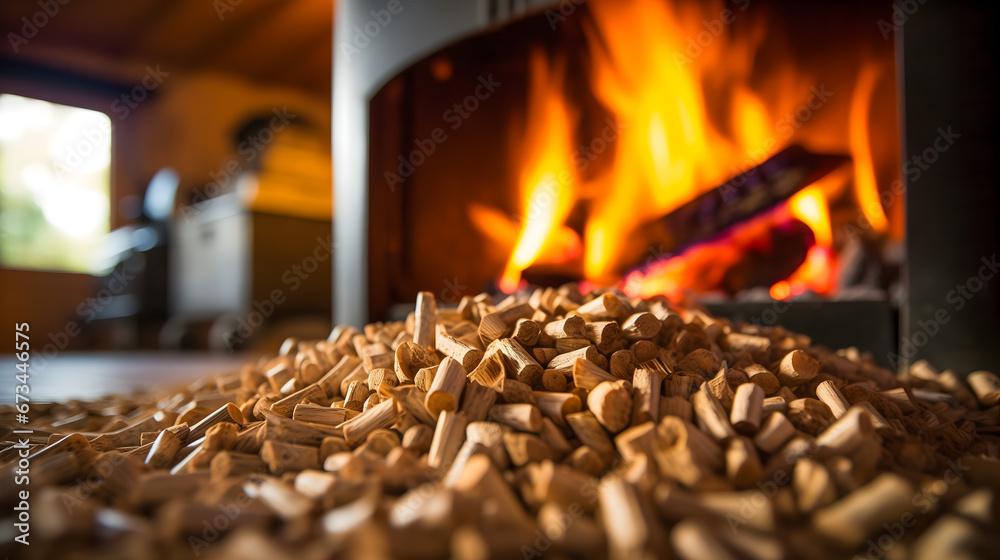 Obraz premium Des granulés de bois avec un poêle en arrière-plan. 