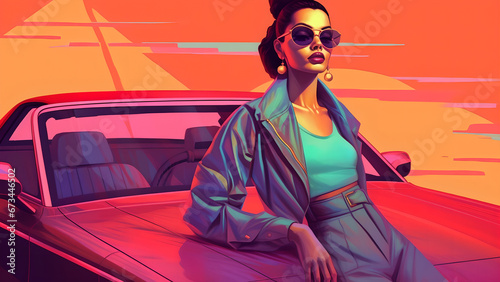 Super-fast car illustration  woman posing next to a luxury car. 