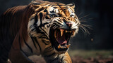 Angry tiger snarling, showing teeth, dynamic wildlife portrait, dark moody background
