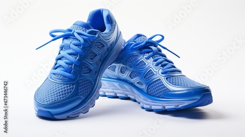 An ultra HD capture of a pair of blue running sneakers, isolated on a pristine white background.