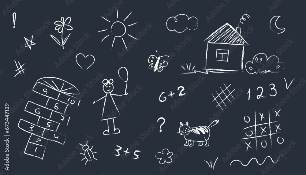 set of doodle drawings drawn child’s hand with chalk asphalt or on school blackboard. Hopscotch, tic-tac-toe, girl, house, flowers, sun, moon, butterfly, icons. White lines on dark background