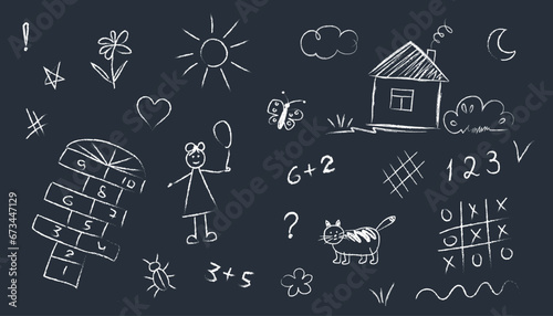 set of doodle drawings drawn child’s hand with chalk asphalt or on school blackboard. Hopscotch, tic-tac-toe, girl, house, flowers, sun, moon, butterfly, icons. White lines on dark background