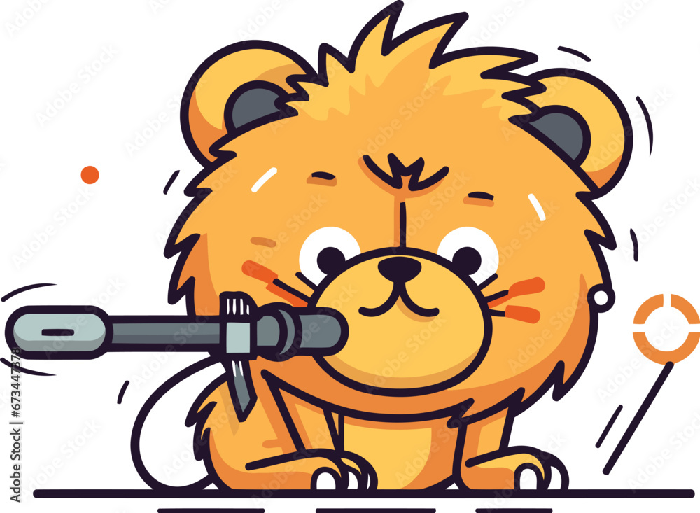 Fototapeta premium Cute little lion with screwdriver. Vector illustration in cartoon style.