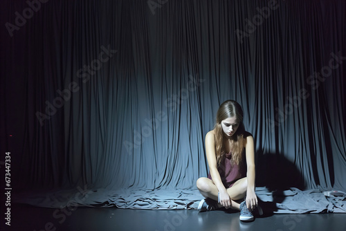 Depressed  sad and lonely teenage girl sitting on the floor in a dark room. Curtain on background.