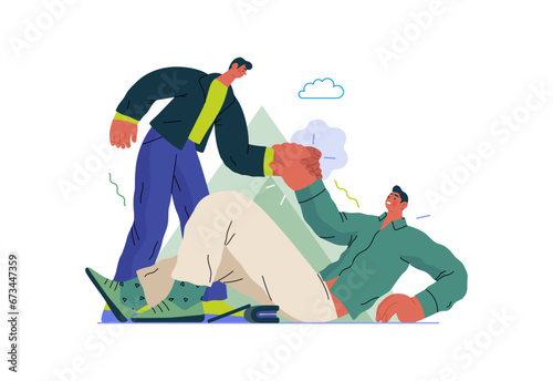 Mutual Support: Helping a fallen person get up -modern flat vector concept illustration of man assisting another man to stand up A metaphor of voluntary, collaborative exchanges of resource, services