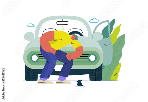 Mutual Support: Adopting a stray animal -modern flat vector concept illustration of man stopping his car for a kitten on the road A metaphor of voluntary, collaborative exchanges of resource, services