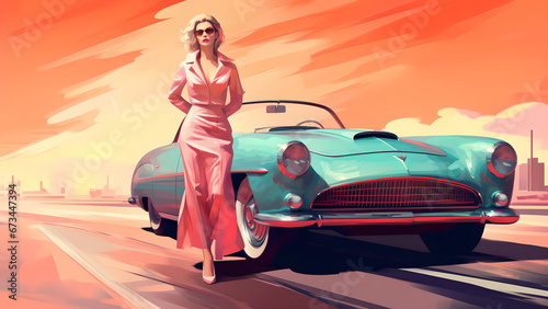 "Super-fast car illustration, woman posing next to a luxury car."