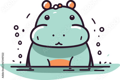 Cute hippopotamus in water. Vector illustration in doodle style