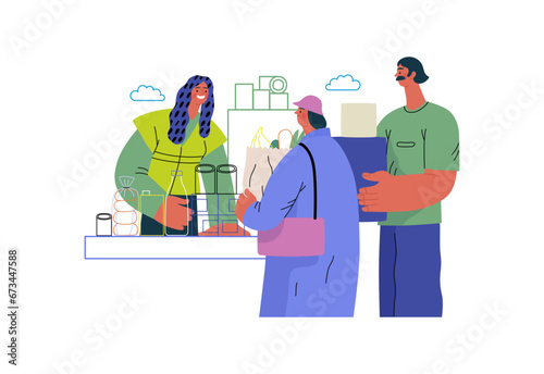 Fototapeta Naklejka Na Ścianę i Meble -  Mutual Support: Bringing groceries to food bank -modern flat vector concept illustration of people donating food to food pantry A metaphor of voluntary, collaborative exchanges of resource, services