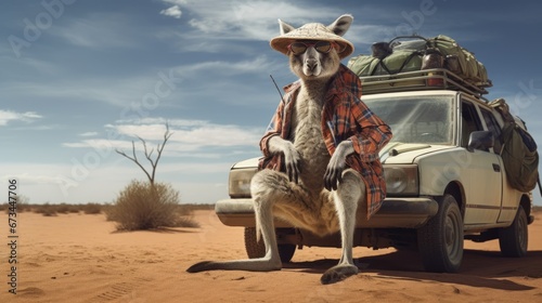 Kangaroo tourist near the car. Concept for Australia day