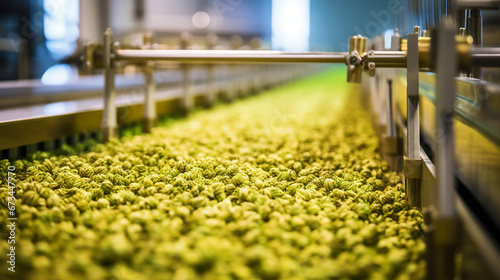 A close-up of malted barley kernels and aromatic hops gently cascading down a conveyor belt, illustrating the quality and freshness of the ingredients that play a vital role in cra  photo