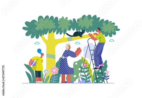 Mutual Support: Rescue cat from tree -modern flat vector concept illustration of elderly woman and man on a ladder under the tree Metaphor of voluntary, collaborative exchanges of resource, services