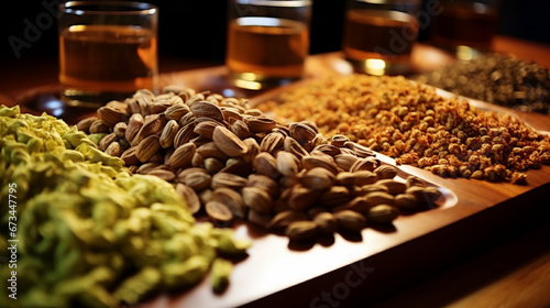 A detailed view of aromatic hops and malted barley grains in different stages of processing, moving along a conveyor, emphasizing the craftsmanship and precision in selecting and p 