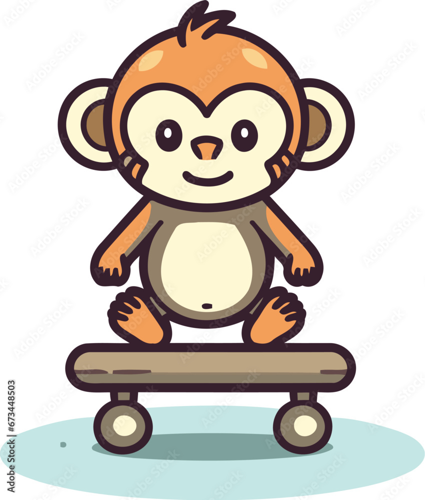 Fototapeta premium Cute monkey on skateboard. Vector illustration in cartoon style.