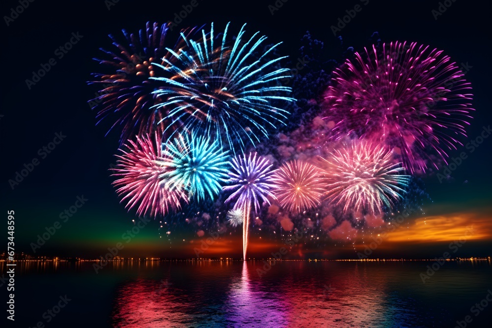 A stunning fireworks display takes place in the night sky, with explosions reflecting in the lake. 