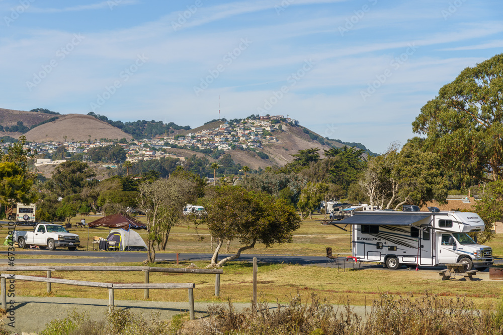 Campground for RV camper vehicles and motor homes in scenic Pismo Beach, California Central Coast Campground for RV camper vehicles and motor homes in scenic Pismo Beach, California Central Coast
