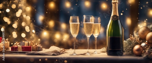 A bottle of champagne and three glasses are ready to toast on a festive table with gold and red ornaments with dark blue background creates a contrast with warm light and the sparkling bokeh effect.  photo