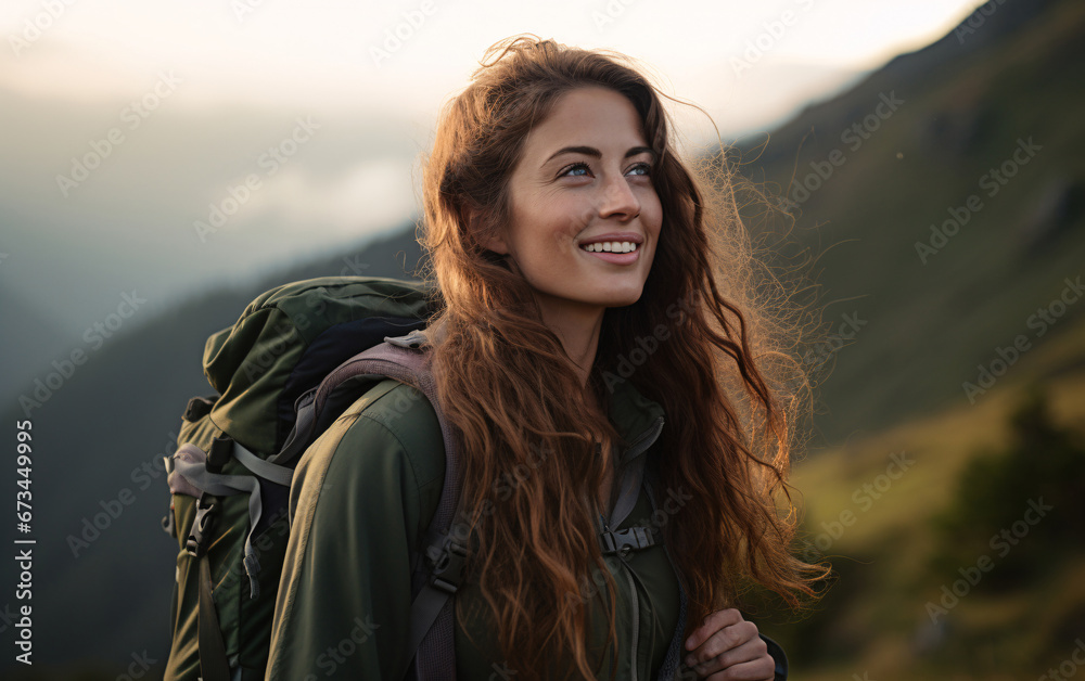 Portrait of a young woman with a backpack on a hiking trip in the mountains, a strong woman is actively engaged Portrait of a young woman with a backpack on a hiking trip in the mountains, a strong woman is actively engaged