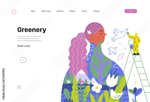 Greenery, ecology -modern flat vector concept illustration of a man painting a mural of a woman, composed with landscape. Metaphor of environmental sustainability and protection, closeness to nature