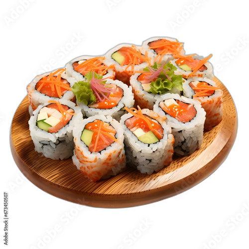 Sushi rolls on a platter isolated on transparent or white background, png