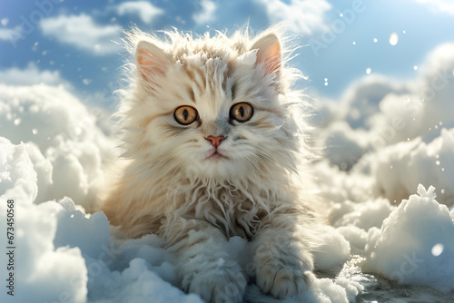 A fluffy white kitten sitting in the snow. © Degimages