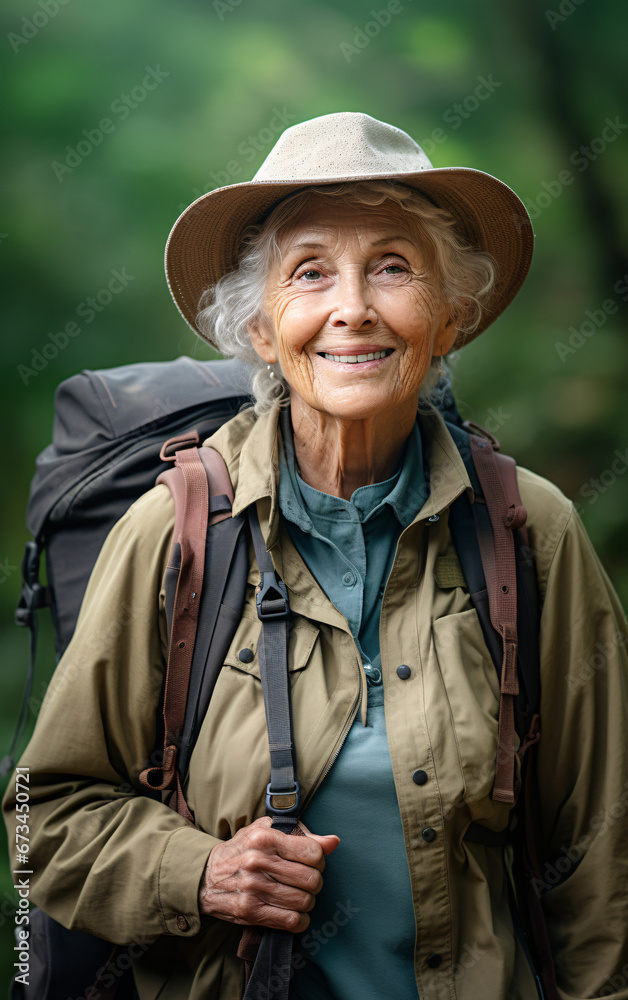 Elderly senior woman with backpack hiking in the mountains, strong woman concept